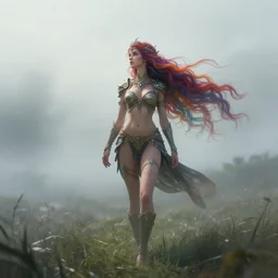 beautiful digital art of the wandering princess, colourful long hair, travelling through misty planes, intricate details, detailed face, lonely, detailed armour bikini, artstation, epic pose, cinematic light, view from the distance, by rembrandt, artgerm, marco bucci
