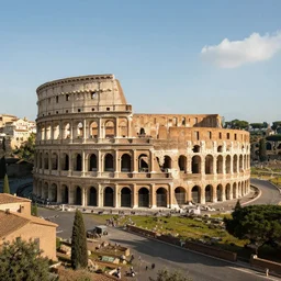 fully built roman colosseum far away with roman buildings and roads surrounding it, volumetric lighting, beautiful scenery, hd, hdr, cinematic 4 k wallpaper, 8 k, detailed, high resolution, artstation, early medieval, roman, colosseum, in the style of marc simonetti