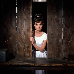 eddie mendoza. composition : medium shot. style : digital art ; studio lighting ; 4 k. scenery : the inside of a dark barn ; a light is shining through some cracks in the planks. subject : audrey hepburn ; wearing a white dress ; her amber eyes shine in the darkness. action : hiding behind a workbench.