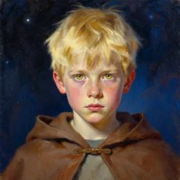 yellow eyed blonde boy wearing a brown cape, closeup, powerful, space background, oil painting, brush strokes, greg rutkowski