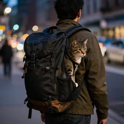 photography of a Cat being carried in a backpack .  in a new york street. award winning photo, led lighting, night, 130mm, sharp, high res