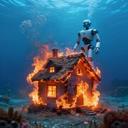 a house burning underwater, with a humanois robot standing out to it, 8 k resolution, colorful, mariana trench