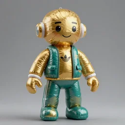 accurate detailed pvc inflated gold & teal colored action figure fashion god, full body, futuristic, concept art, character only, detailed art, adidas streetwear, figurine!!!, studio lighting, grey background, no shadow, trending on artstation, 4 k, sharp, highly - detailed, focus on face!!!