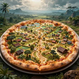 an enormous pizza made out of kerala village landscape, artstation, an epic fantasy, cinematic lighting, hyper realistic, photographic, sharp focus, by greg rutkowski and wolp