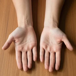 looking down at my own hands. my right hand with the palm facing down towards the table and my left hand with the palm facing up towards the camera