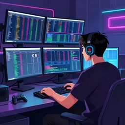 a man sitting on his computer staring at several computer monitors showing crypto trades, colourful, chill, neon glow, gamer, playstation 2, digital illustration, in style of lofi hip hop digital painting by james jean, kishimoto, wlop and toriyami togashi, inspired by hirohiko araki