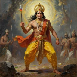 Prince Ram in a dramatic epic scene from Ramayan, by Wayne Barlowe, oil on canvas, masterpiece, detailed, dynamic, cinematic composition, beautiful lighting, view from ground, trending on artstation, top on pixiv, 8K, no frames,
