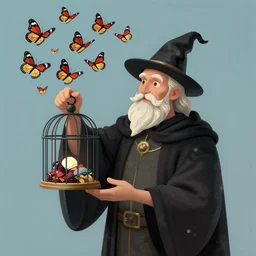 wizard holding a cage, with a swarm of butterflies fluttering out, digital 2d fantasy art painted by Hieronymus Bosch