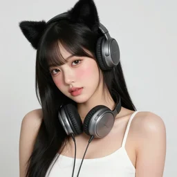 realistic beautiful gorgeous buxom natural cute blushed shy girl Blackpink Lalisa Manoban black hair fur black cat ears, wearing white camisole, headphones, black leather choker artwork drawn full HD 4K highest quality in artstyle by professional artists WLOP, Taejune Kim, Guweiz, Aztodio on Pixiv Instagram Artstation