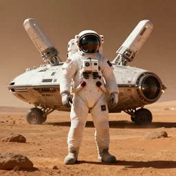 futuristic sci-fi astronaut standing in front of a spaceship on the surface of Mars, digital art, trending on ArtStation