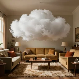 a large cloud hovering in the middle of a retro 1970s living room with shag carpet and vintage decor