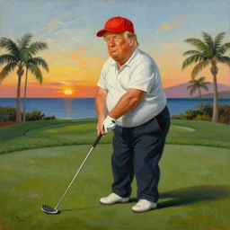 chubby Donald Trump with red base cap playing golf on a golf course nearby the sea in the sunset with palms, by Botero, oil painting