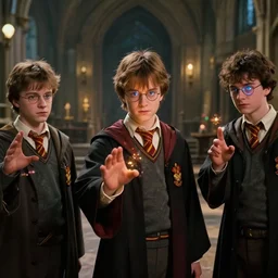 sharp, highly detailed, film from a 2 0 1 9 sci fi 8 k movie, set in 1 8 5 0 in an alternate universe, mid distance shot of three students practicing magic, in the school of magic, magic special effects, wearing 1 8 5 0 s clothes, atmospheric lighting, in focus, reflective eyes, 3 5 mm macro lens, live action, nice composition