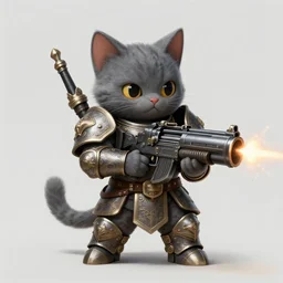 cute grey cat wearing armor armed with giant bolter gun shooting, full body shot, intricate, elegant, highly detailed, centered, digital painting, artstation, concept art, smooth, sharp focus, illustration, art by artgerm, WLOP