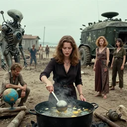 she makes the deep boil. dark fantasy about casually - dressed women with male humans in dirty seaside town, a globster, and beautiful song. color!! cinematic still from a 1 9 6 1 low - budget hunting!!! hybridizing!! alien - robot invasion science - fiction movie by ed wood. assimilating alien military vehicles and weapons.