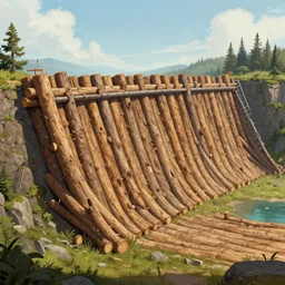 a dam made out of wooden logs, fantasy, artstation, concept art