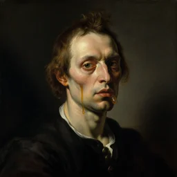 oil painting portrait dark background of a mutant man with a strange disturbing face made of tar and honey by otto marseus van schriek rachel ruysch christian rex van minnen dutch golden age dramatic lighting chiaroscuro modern