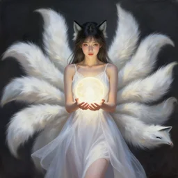 a woman in a white dress holding a glowing ball | with nine white fox tails | a detailed painting by ross tran | wlop and stanley artgerm lau | featured on deviantart | fantasy art | hyperrealism!!!!!!!!!!!!!!!!!!! | hyperrealism!!!!!!!!!!!!!!!!!!! | anime | 2 d game art | official art