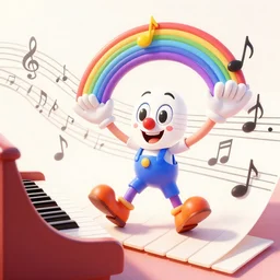 anthropomorphic musical notation, goofy, cartoony, happy musical 3 d rendered rainbow notes with big hands and big clown feet marching off the page and into a kid's piano