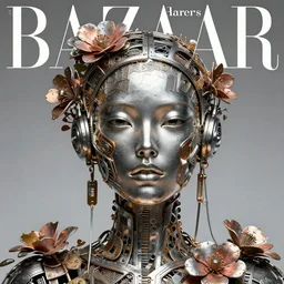 A sculpture made of metal and flower, portrait, female, cyberpunk queen, Harpers Bazaar, Vogue magazine, insanely detailed and intricate, concept art, close up, clear face