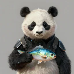 a portrait of a cyberpunk panda holding a fish, fantasy, elegant, digital painting, artstation, concept art, matte, sharp focus, illustration, art by josan gonzalez