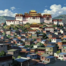 Anime vajrayana Tibetan cityscape, Ghost in the Shell, Tekkonkinkreet, favelas, temples, cinematic matte painting concept art, by Andreas Rocha