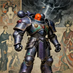 composition of gothic and futuristic, warhammer, cyber japan armor, more and more scars, thunderstorm, orange head, some purple greeт and blue, the middle ages, highly detailed, artstation, in the style of moebius, jugendstil and classic japanese print, art by alfred wertheimer and rene magritte, compositon by jean delville