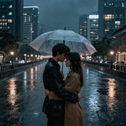 two lovers hugging in the rain at night in a modern chinese city next to a canal, high quality digital art, concept art, trending on arstation, dreamlike, dark, hyperrealism