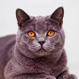 purple cat, with his eyes died orange, fluffy, photo