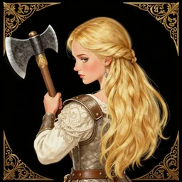 an ultradetailed picture of blonde viking woman facing and holding a battleaxe, 1 9 8 0 s rom com style, viewed from behind and above, intricate, elegant, illustration, digital painting, burning village in the background, 8 k, fine detail, art by frank frazetta, jack kirby, albert aublet, frank herbert, artem demura, and alphonse mucha