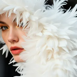 close up of fashion model in white feather clothes, official balmain editorial, highly detailed