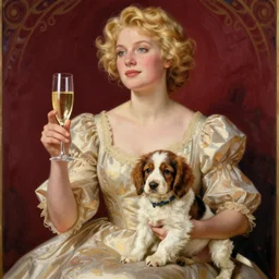blonde fully dressed woman with glass of champagne in her hand and spaniel puppy on her lap. bordeaux background. art by louis theophile hingre and alphonse mucha