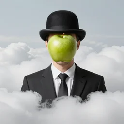 man wearing a bowler hat with a green apple for a face in the clouds,