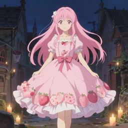 a full body portrait of an aesthetic young pink pastel woman in a flowery fruit - based dress, night lighting with candles delicate features finely detailed perfect art, at an ancient city, gapmoe yandere grimdark, trending on pixiv fanbox, painted by greg rutkowski makoto shinkai takashi takeuchi studio ghibli