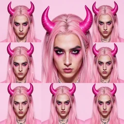 bad bunny dressing up as an androgynous demon for halloween, you can still see bad bunny's face, artistic, pink pastel, realistic, close up, varying angles