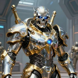high fantasy 1 9 8 0's wargame airbrushed artwork - inspired photo, a giant silver reflective chrome android wearing a mask shaped like an intricately carved beautiful human skull with glowing laser eyes, golden giant battle armor, inside a futuristic army base