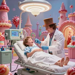 high quality documentary film still of an intensive care station in willy wonka's factory. happy human patient is getting treatment for the oompa loompa virus. all medical equipment is made out of magic candy. pastel hospital lighting. hospital is made out of wonka factory magic candy.