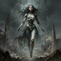 detailed, sharp portrait dreaming humanoid gothic female automata floating above ruined dystopia by Zdzisław Beksiński. digital art. surreal.