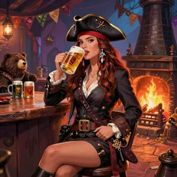 pirate girl with face of kate beckinsale weared blazer, short bridges, tricorne,  with custlas and beer, sit in fantasy tavern near fireplace, behind bar deck with bear mugs, medieval dnd, colorfull digital fantasy art, 4k