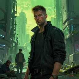 cyberpunk city, green color scheme, abandoned, futurism, poverty, people, by craig mullins, by marc simonetti