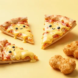 popart supercute gooey! pizza slices and chicken nuggets jason limon dramatic yellow lighting low angle hd 8k sharp shallow depth of field