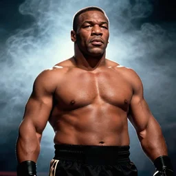 cinematic medium shot of mike tyson, smoky background, backlighting