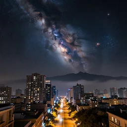 a beautiful double exposure of a deep field astrophotography image by hubble in the sky, and a street view, night time view of a cyberpunk city, skyscrapers, towering mountains above, mist, lpoty, award winning, wide angle, street view, apod, low noise, detailed, sharp