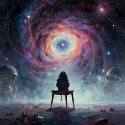 alone on a chair at the end of time. cosmic digital art pastelpiece masterpiece trending on artstation by noel fielding, beeple, james gunn, gorillaz, marvel studios and dr seuss. hyper detailed portrait with 4 k macrolens.