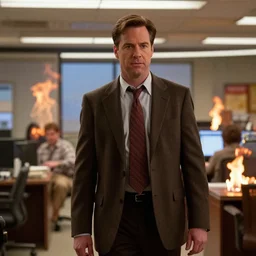 film still of dwight k schrute as the terminator, with dunder mifflin office in background and on fire. 3 5 mm
