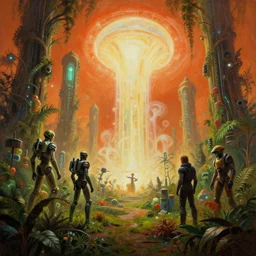 lush garden dramatic perspective organic 3 d fractal vapourware colours a minimalist bioluminescent microscopy, gigantic pillars, maschinen krieger, beeple, the matrix, star wars, ilm, star citizen, mass effect, oil painting by donato giancola, chris foss, warm coloured, cinematic scifi with giant bright translucent fury road in space, artstation, atmospheric perspective