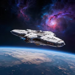deep space alien spacecraft landing on an alien planet surface, highly detailed, intricate, by Raphael Lacoste, Eddie Mendoza, Alex Ross, background of neon outer space nebulas by Pilar Gogar, concept art, matte painting, 8K HDR