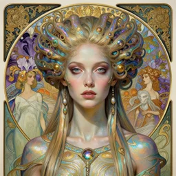 detailed realistic iridescent beautiful young cher cyber alien queen of mandelbulb portrait by jean delville, gustave dore and marco mazzoni, art nouveau, symbolist, visionary, baroque. horizontal symmetry by zdzisław beksinski, iris van herpen, raymond swanland and alphonse mucha. highly detailed, hyper - real, beautiful
