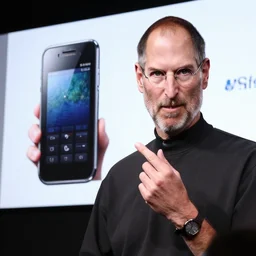 steve jobs at a samsung conference presenting a new cell phone, symmetry, hyper realistic, photorealistic, cinematic