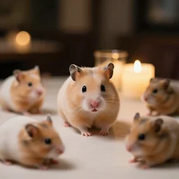 photo of a hamster, at night, candlelit restaurant table, various poses, unedited, soft light, sharp focus, 8 k